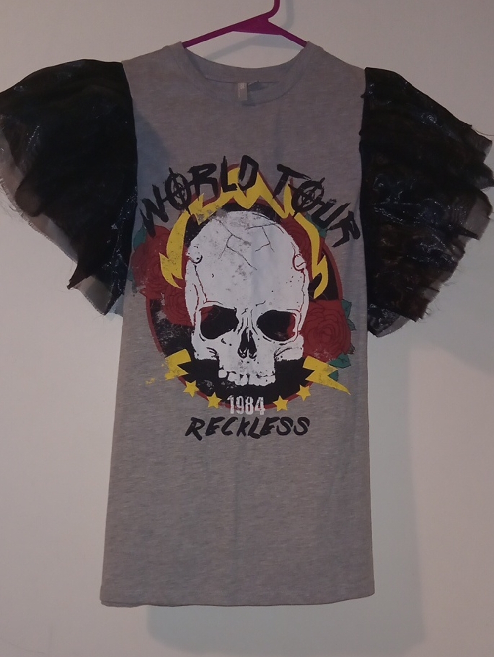 ASOS Grey Skull World Tour Tee with Black Ruffle Sleeves